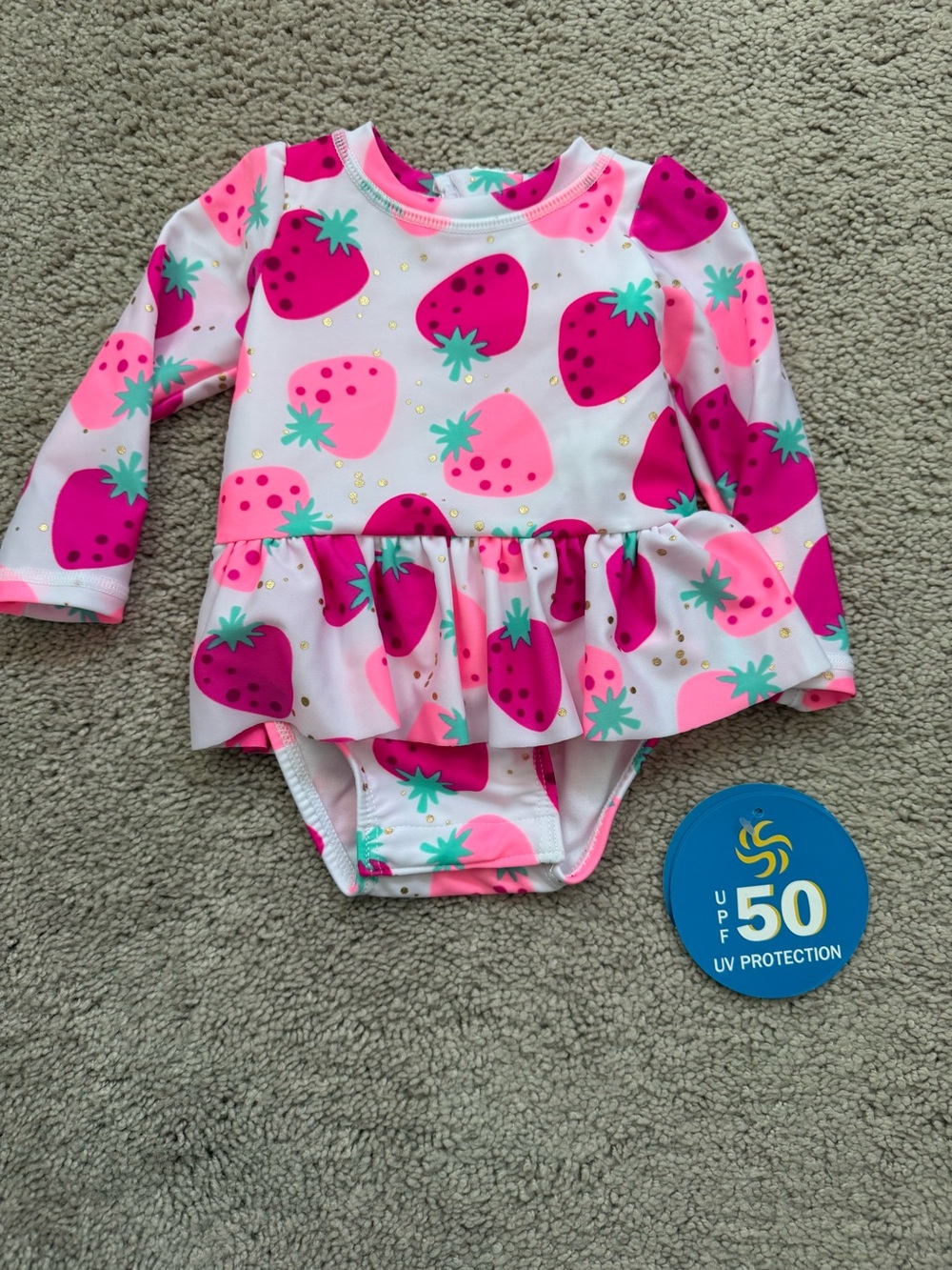 NWT Infant 0-3 month Sol Borne Long-Sleeve Strawberry Print Swimsuit - Pink